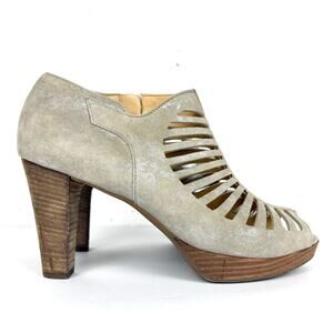 Paul Green Tasha Perforated Suede Leather Peep Toe Pumps Gold Tan Size 8 US